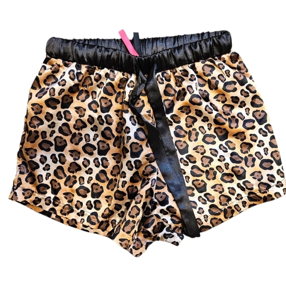 Wmns Satin Leopard Print Pajama Set Sz S Cheetah Shorts & Long Sleeve Button Up - Picture 3 of 13